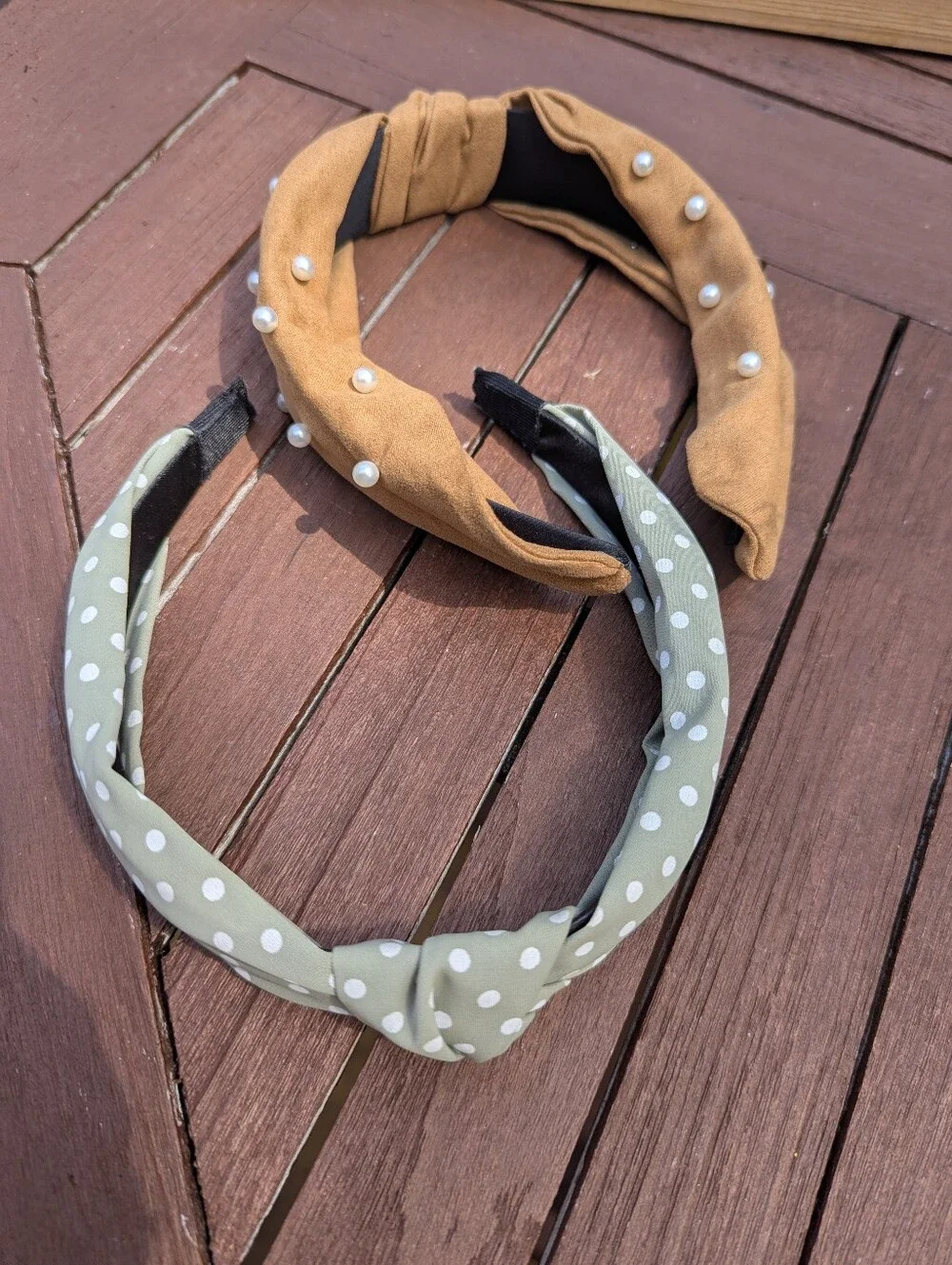 2 Knot Headband Bundle | Sage Green Polka Dot & Camel Pearl Headbands